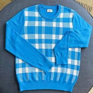 Tory Sport Blue Plaid Knit Sweater Size Small Preppy Chic Golfcore
